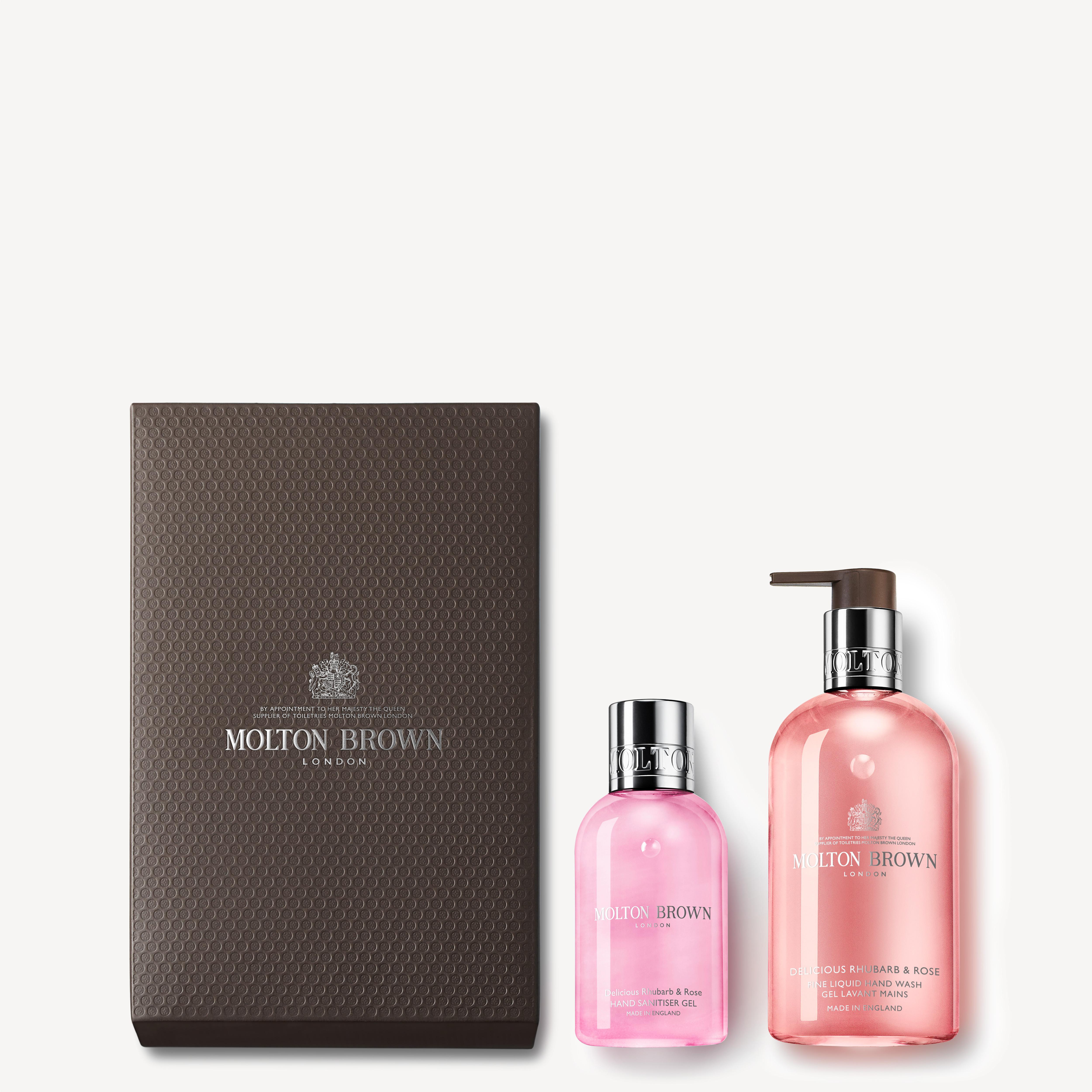 Molton Brown Delicious Rhubarb & Rose On-the-go Hand Sanitiser Gel and Wash Gift Set