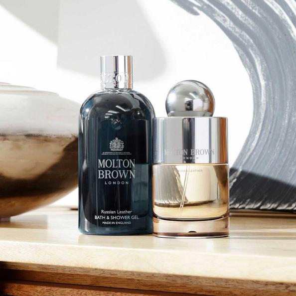 An image of Molton Brown Russian Leather body wash and EDT