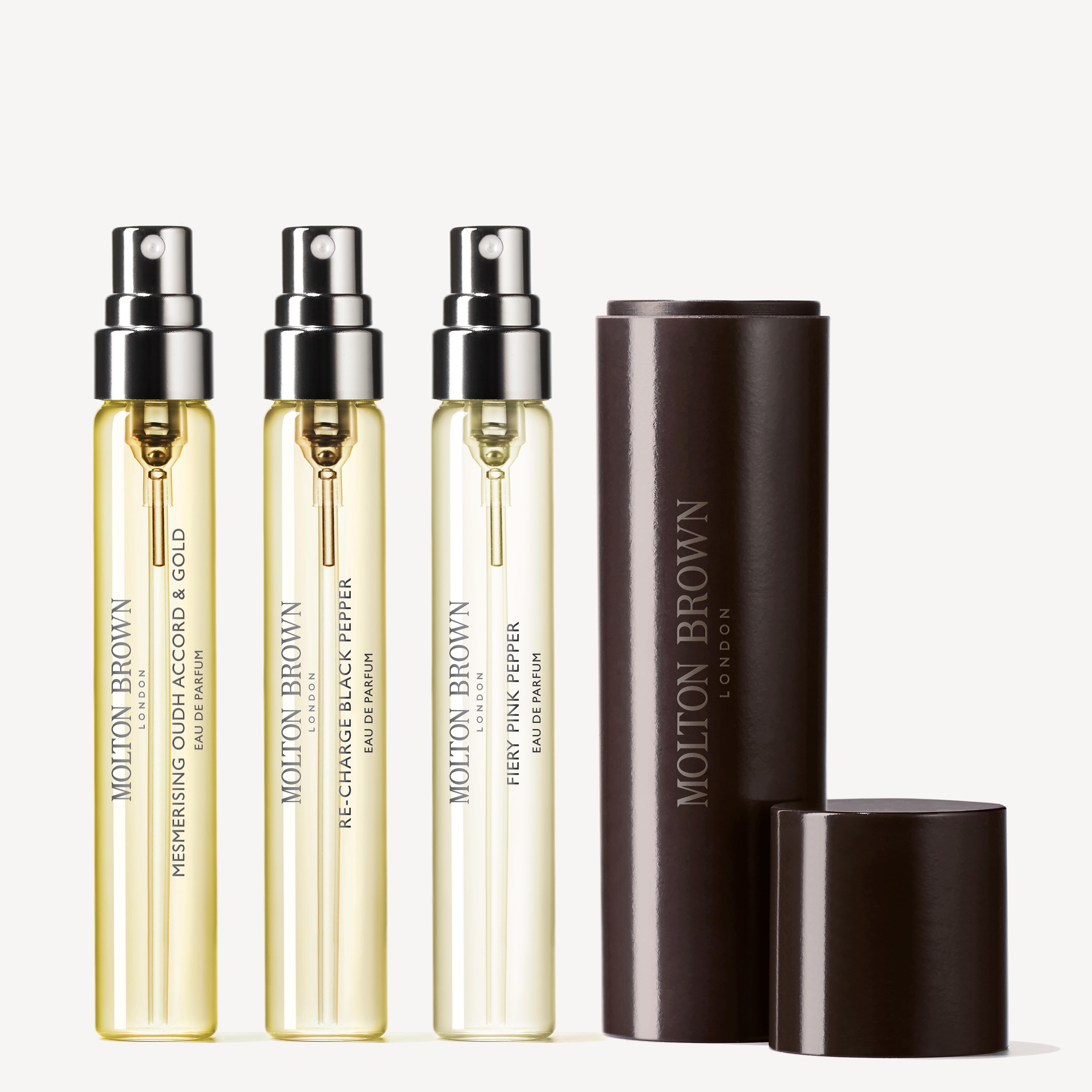 Molton Brown UK Woody and Ambery Eau de Parfum Discovery Set And Perfume Holder