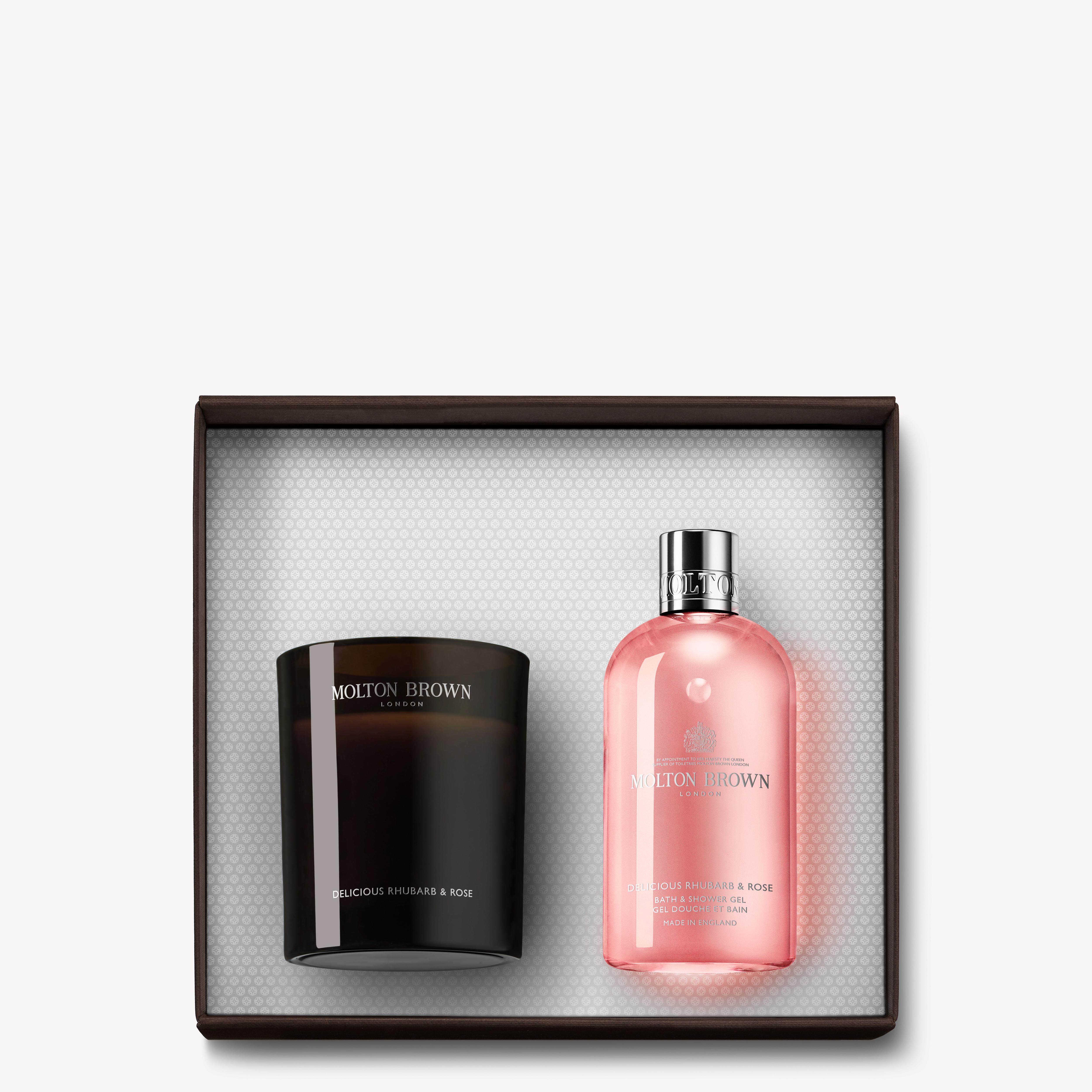 Molton Brown Delicious Rhubarb & Rose Signature Candle & Bath & Shower Gel Gift Set
