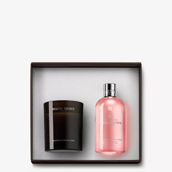 Delicious Rhubarb & Rose Single Wick Candle & Body Wash Set