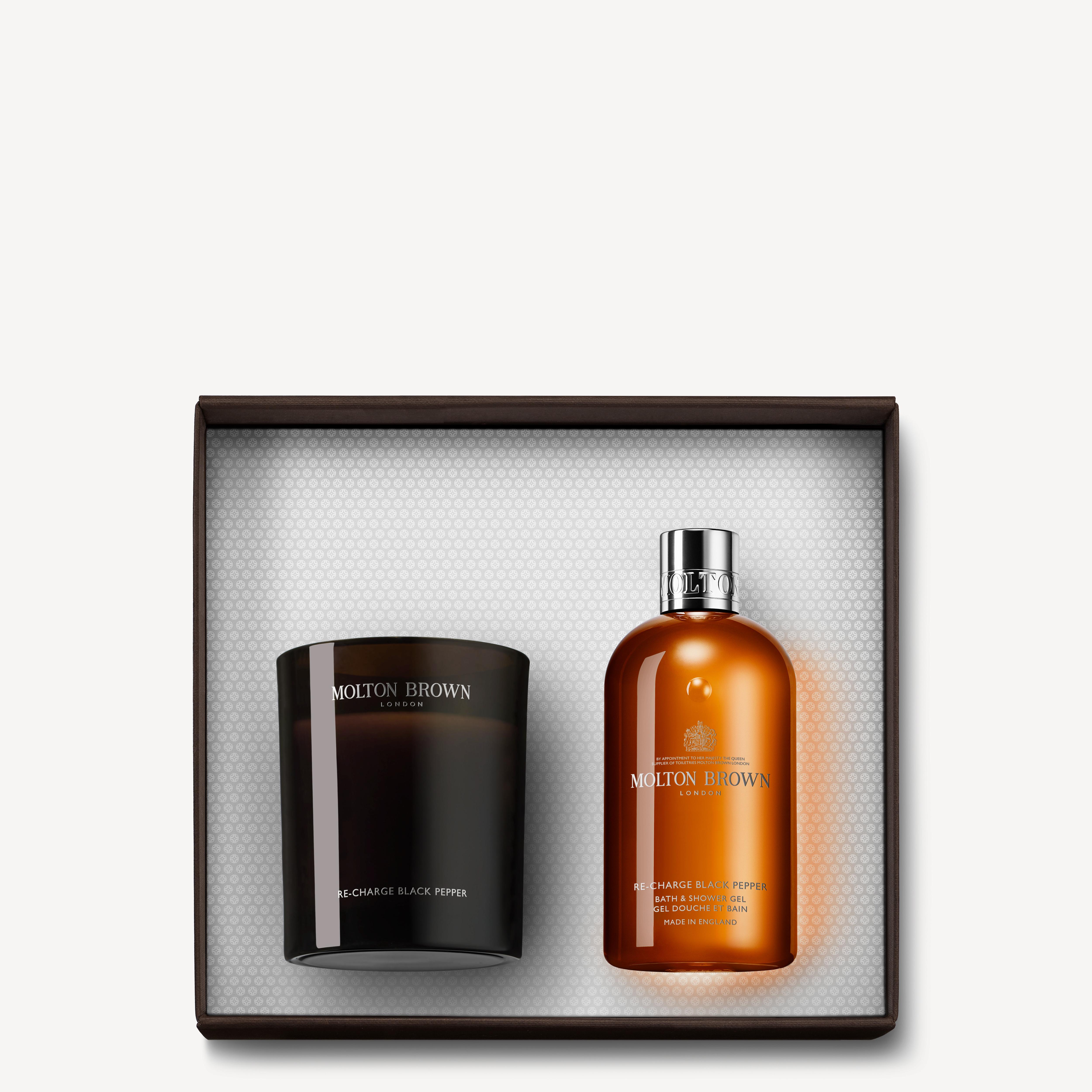 Molton Brown Re-charge Black Pepper Signature Scented Candle & Bath & Shower Gel Gift